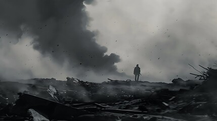 Fototapeta premium A lone soldier standing amidst the ruins of a bombed-out building, looking out over the devastated landscape, a haunting black and white image of war's aftermath.