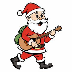 christmas santa walk and playing the guitar vector art illustration