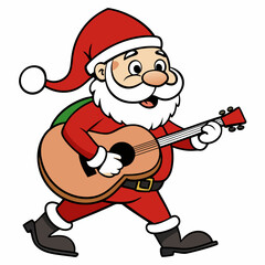 christmas santa walk and playing the guitar vector art illustration