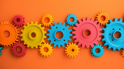 Colorful mechanical gears aligned neatly on a flat plain orange background, depicting the theme of business agility and strategic planning