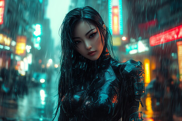 Asian woman in futuristic armor in city, female game character, metaverse system
