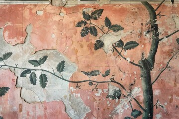 A painting featuring a tree with branches and leaves on a pink wall background, Incorporate botanical motifs found in ancient Greek architecture into a nature-themed artwork