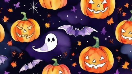 Halloween pattern, ghosts, pumpkins, bats on a dark background, Halloween wallpaper