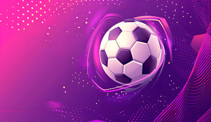 Fototapeta premium A futuristic digital illustration of a soccer ball set against a vibrant purple and pink gradient background. The design features dynamic lines, dots, and abstract geometric shapes, creating a sense