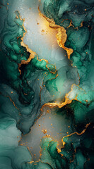 Vibrant Swirls of Teal and Gold Abstract Art with Glitter Accents