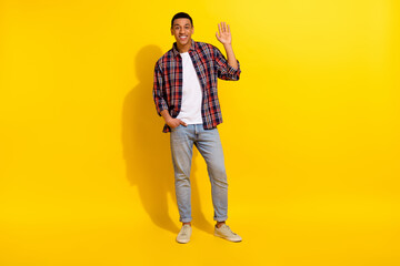Full length photo of cheerful pleasant guy wear checkered shirt denim pants waving palm say hello isolated on vivid color background © deagreez