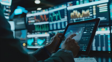 Fototapeta premium A business team collaborating, with a businessman using a tablet to analyze stock market data