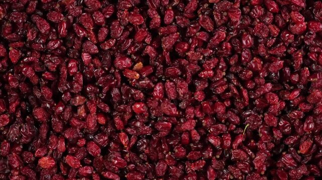 Dried barberries or dehydrated seedless barberry, close-up. Red edible berries is widely used in cooking, imparting a tart flavour to dishes. Barberries often used in rice pilaf. 4K Video, rotating.