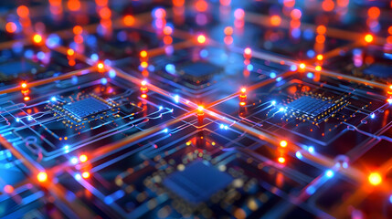 Abstract 3D Illustration of a Circuit Board with Red and Blue Lights