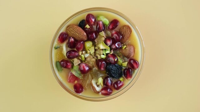 Ashure Dessert, Ashura or Anusabur in glass bowl, top view. Turkish pudding also called as Noah's pudding or Noah's Dessert. Sweet porridge with grains, fruits, and nuts. 4K Video, Rotating.