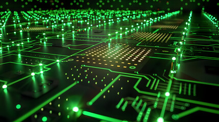 Obraz premium Abstract 3D Green Circuit Board with Glowing Lines