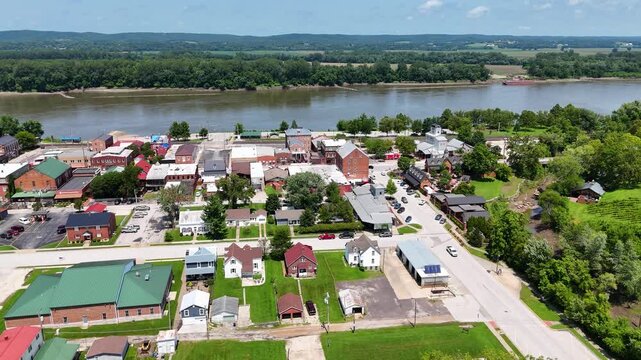 Aerial-Hermann, Missouri-Along Gutenberg St to Missouri River. Hermann is in the center of Missouri Rhineland and was settled by German immigrants in 1837