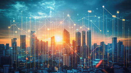 Obraz premium Smart digital city with connection network that is at the cutting edge of innovation in technology and business with bright, modern skyscrapers. Backgrounds for technology and charts and graphs
