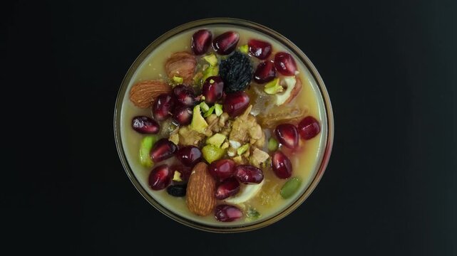 Ashure Dessert, Alternative names Ashura, anusabur, ashoure. Turkish pudding also called as Noah's pudding or Noah's Dessert. 4K Video, Rotating.