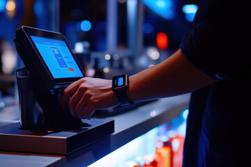 Customer is paying using a smartwatch at a bar counter, highlighting the convenience of contactless technology