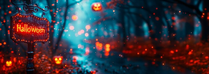 Fototapeta premium Halloween night forest with glowing wooden sign 