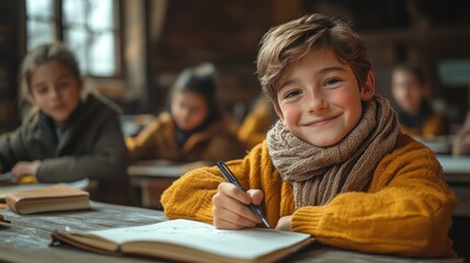 Happy child writing at classroom desk, surrounded by peers