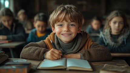 Joyful student writing in journal at wooden desk