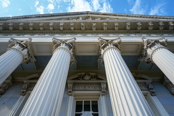 A grand building with detailed columns standing beneath a clear blue sky, Incorporate intricate details such as friezes, pediments, and pilasters into a neoclassical structure