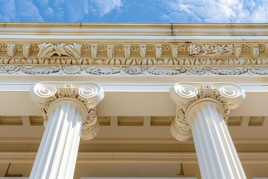 A white building with columns stands against a clear blue sky, Incorporate intricate details such as friezes, pediments, and pilasters into a neoclassical structure