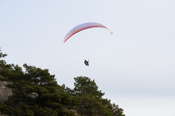 Paraglider setting off from a cliff over trees.