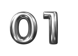 Silver metal number numbers and alphabet on white background. 3D illustration with a glossy silver surface finish.