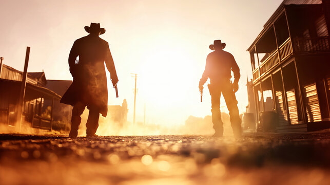 a classic Wild West showdown scene, with two cowboys standing in silhouette, guns drawn, on either side of a dusty, deserted street