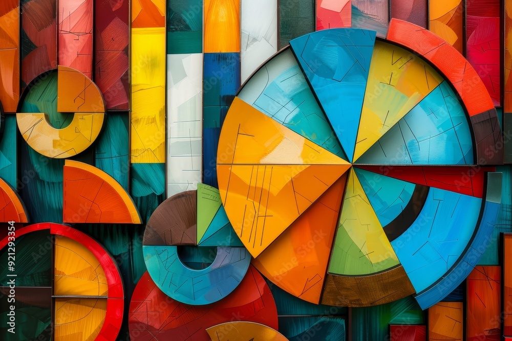 Poster a lively abstract painting featuring a multitude of colorful shapes and patterns in a dynamic compos