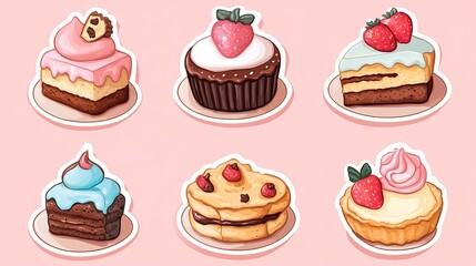 Assorted colorful desserts displayed on pastel background