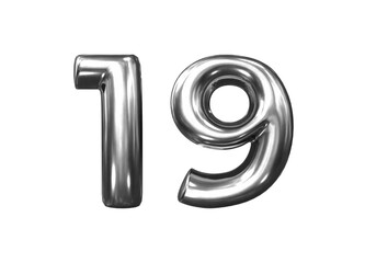 Silver metal number numbers and alphabet on white background. 3D illustration with a glossy silver surface finish.