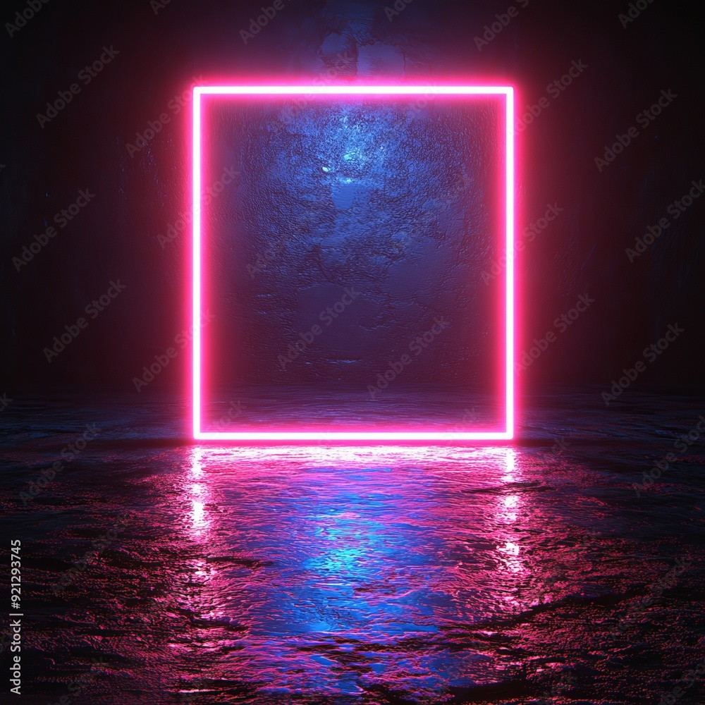 Sticker Neon pink square frame illuminated in a dark, reflective space at night