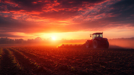 Fototapeta premium Farmer driving tractor working at agricultural field with beautiful sunset