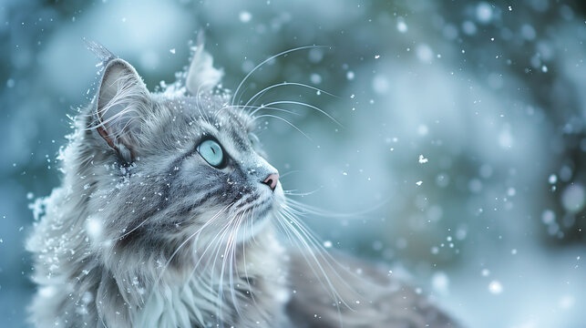 portrait of cute gray cat with blue eyes, looking up at the snowing sky in wonder as snowflakes fall gently around it