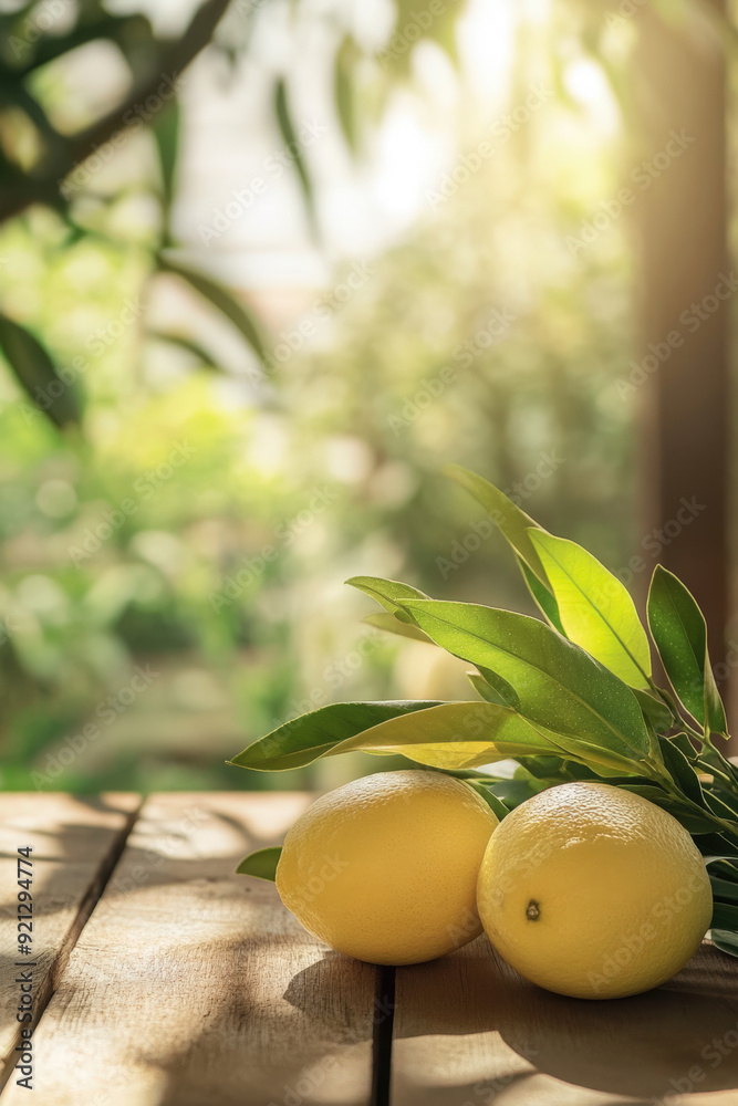 Wall mural two etrog citrons with leaves are laying on a wooden table with a sunny garden in the background cel