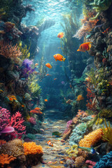Fototapeta premium Colorful coral reef ecosystem with vibrant fish swimming in a sunlit underwater scene
