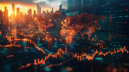Fototapeta premium Vibrant 3D World Map with Dynamic Data Visualization and Colorful Infographic Elements for Global Trends Analysis