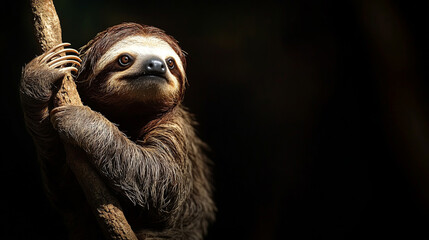 Fototapeta premium Sloth hanging on tree branch, Perfect portrait of wild animal isolated on black background. Copy space