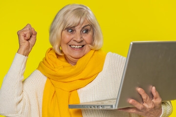Excited happy senior woman typing on laptop computer, working on project, enjoying results, winning...