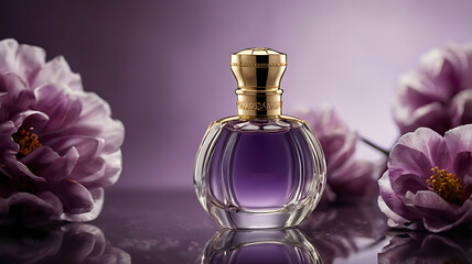 Bottle of perfume with  flowers and Silk Background, purple luxury perfume bottle