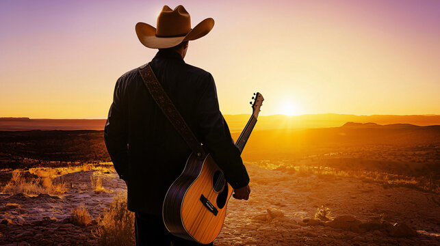 rear view of a man standing in an arid landscape at sunset, holding an acoustic guitar, cowboy, wild west