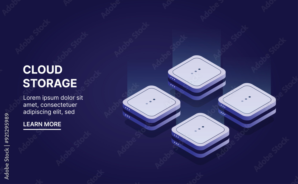 Poster server room isometric, futuristic technology of data protection and processing, cloud databases, web