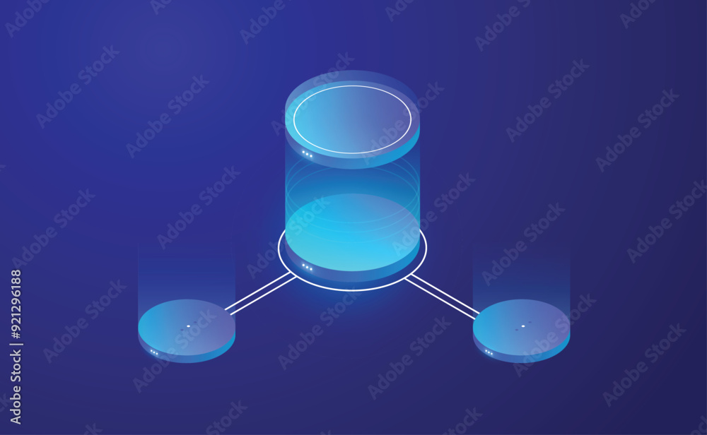 Poster data processing concept, server room, web hosting concept, abstract technology objects.