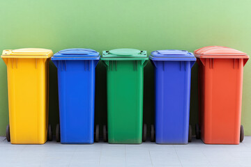 Five colorful plastic waste bins are lined up against a green wall, ready for waste sorting and recycling