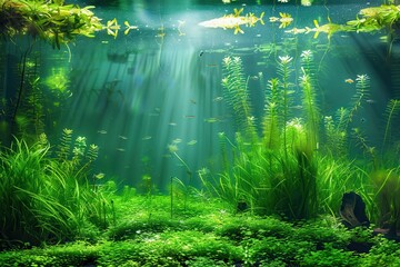 Obraz premium Freshwater Underwater Landscape: Green Water Ecosystem with Algae in Lake