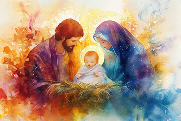 Watercolor painting of the holy family gazing at newborn baby jesus in manger