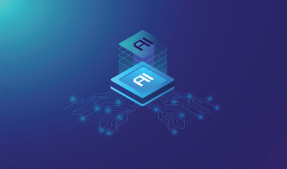 Artificial Intelligence banner, Deep machine learning AI, Technological brain isometric concept, big data vector, cloud computing.
