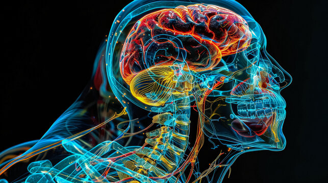 A model of the nervous system: a brain with a skull on top, illustrating the connection between the brain and the skeletal structure for educational purposes.