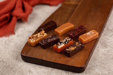 Home-made toffee, assorted flavors, milky and bitter flavors, sweet and salty, caramel candies