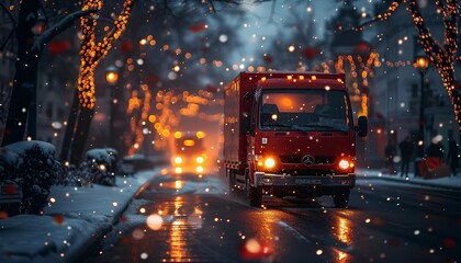 A futuristic bus navigates a snowy street.