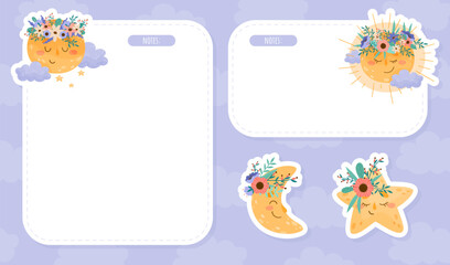 Note Card with Cute Moon with Flowers and Pretty Face Vector Template